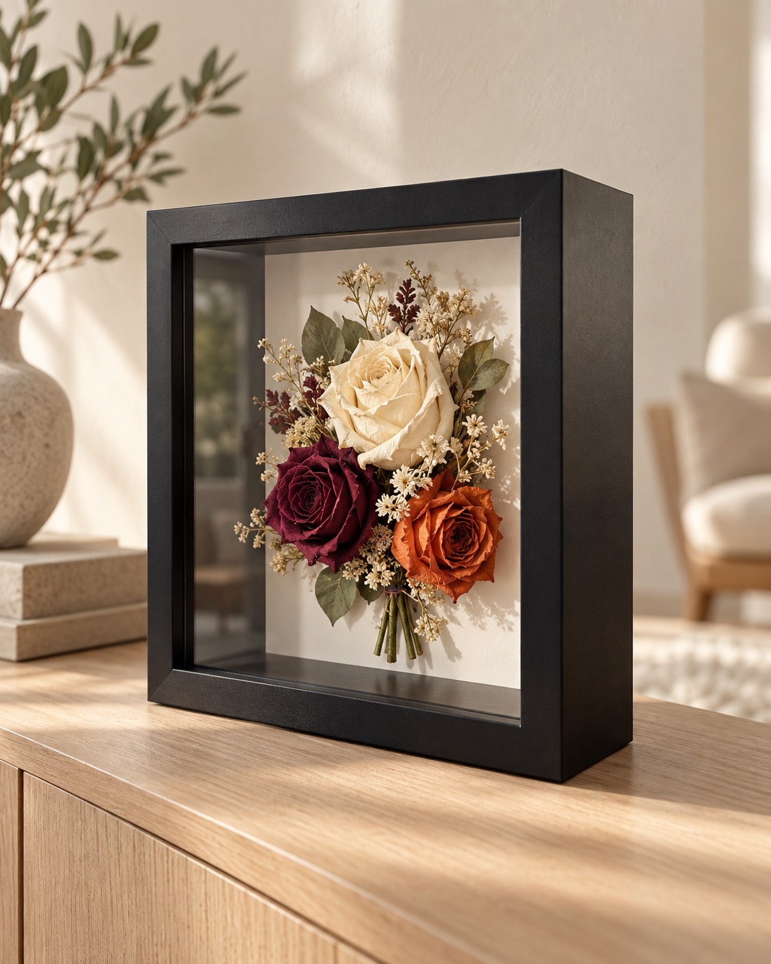 Illustration of ivory, burgundy, and orange dried flowers in a deep black shadowbox on a light wood console, viewed at an angle to show the recessed arrangement